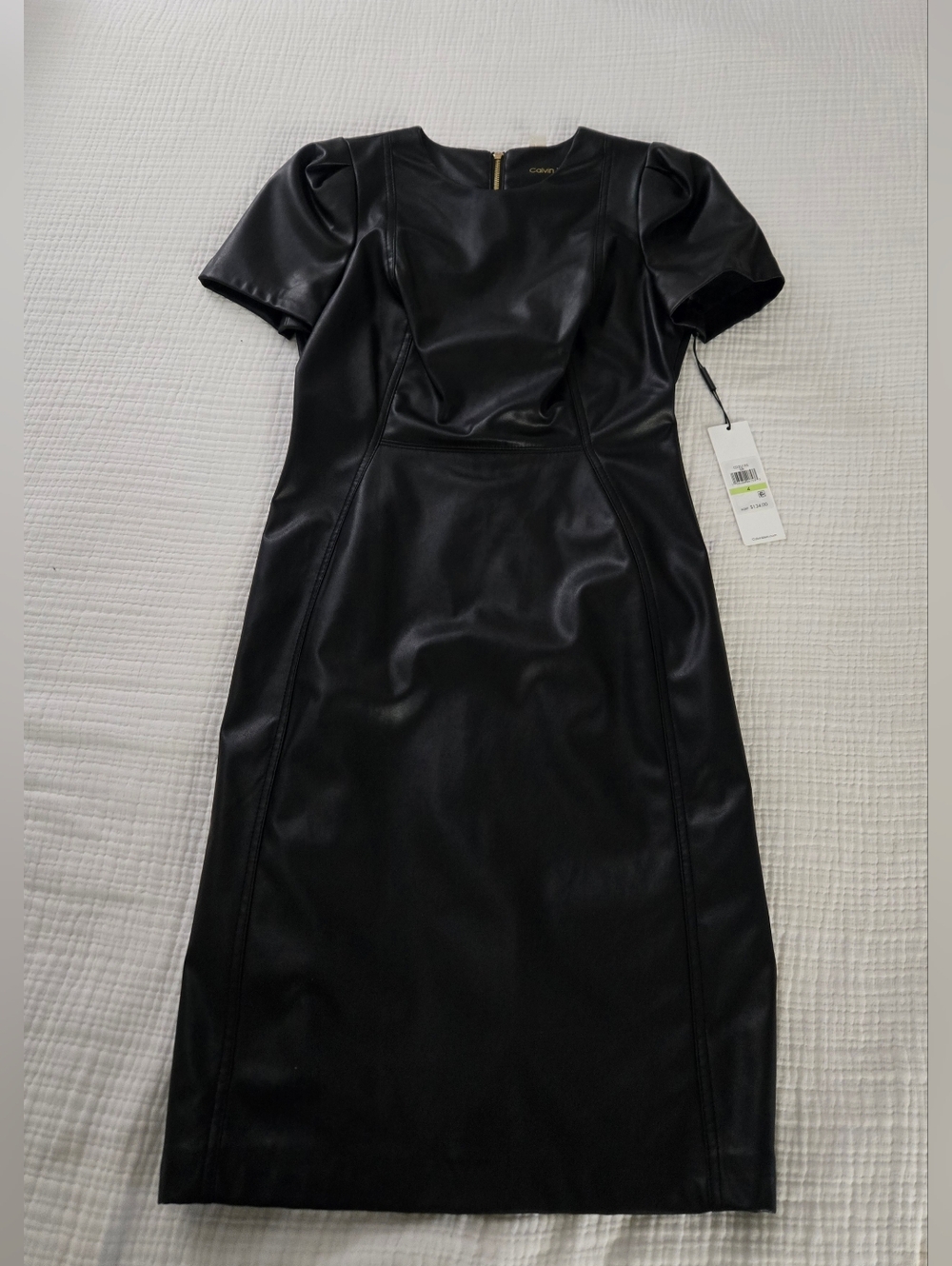 Calvin Klein Black Faux Leather Short-Sleeve Midi Dress